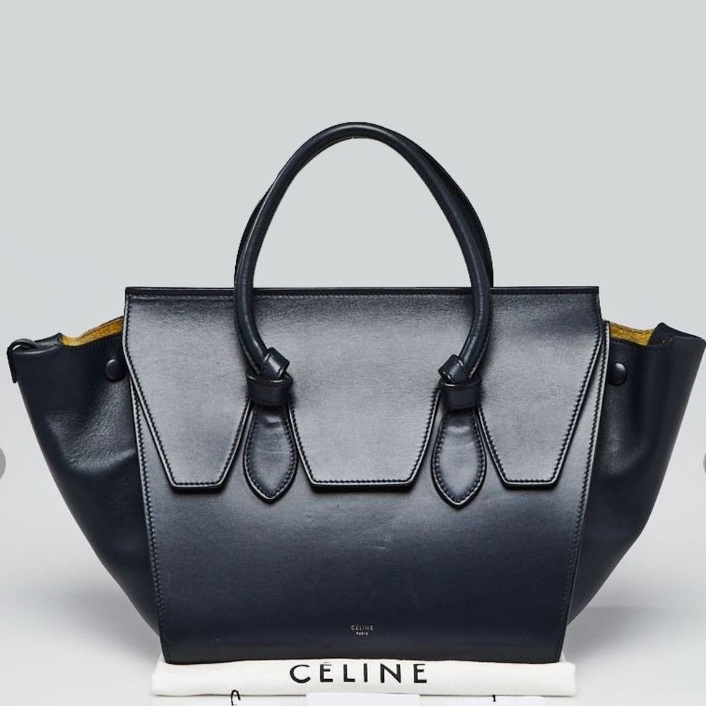 Navy Calfskin Leather Large Tie Tote Bag